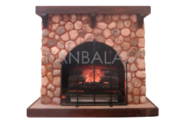 Chimenea con piedra  volcánica rústica de bola, acabado de madera tipo paloma.